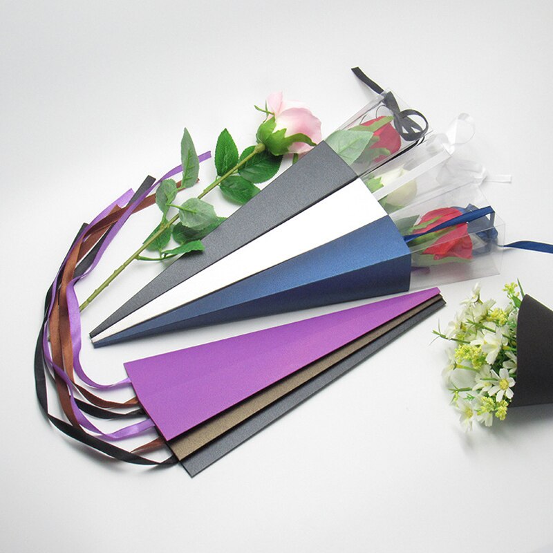 Färgglad kon enstaka blommor papperspåse förvaring med sidenband florist blomförpackning förvaring för festivalbröllop 42cm