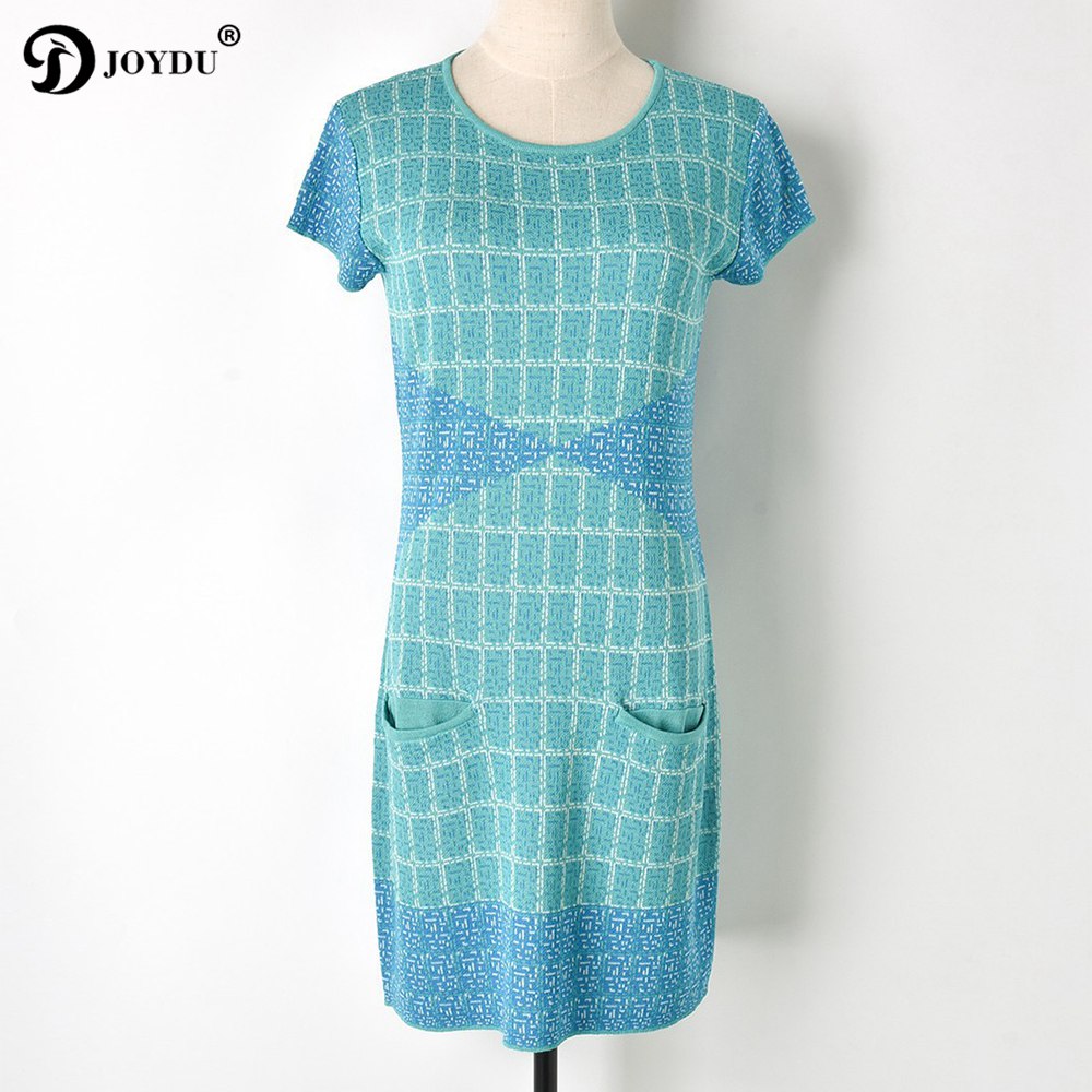 JOYDU Blue Plaid Party Dress Female Short Sleeve Pockets Knitted Runway Summer Dress Beach Dresses for Women: M