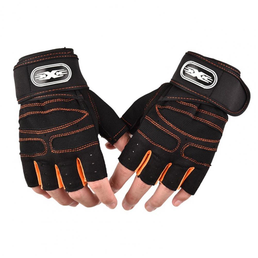 2 stücke fitness handschuhe halb finger männlichen und weiblichen atmungsaktive anti-rutsch verschleiß lange handgelenk handschuhe Außen Finger Radfahren handschuhe: Orange / L