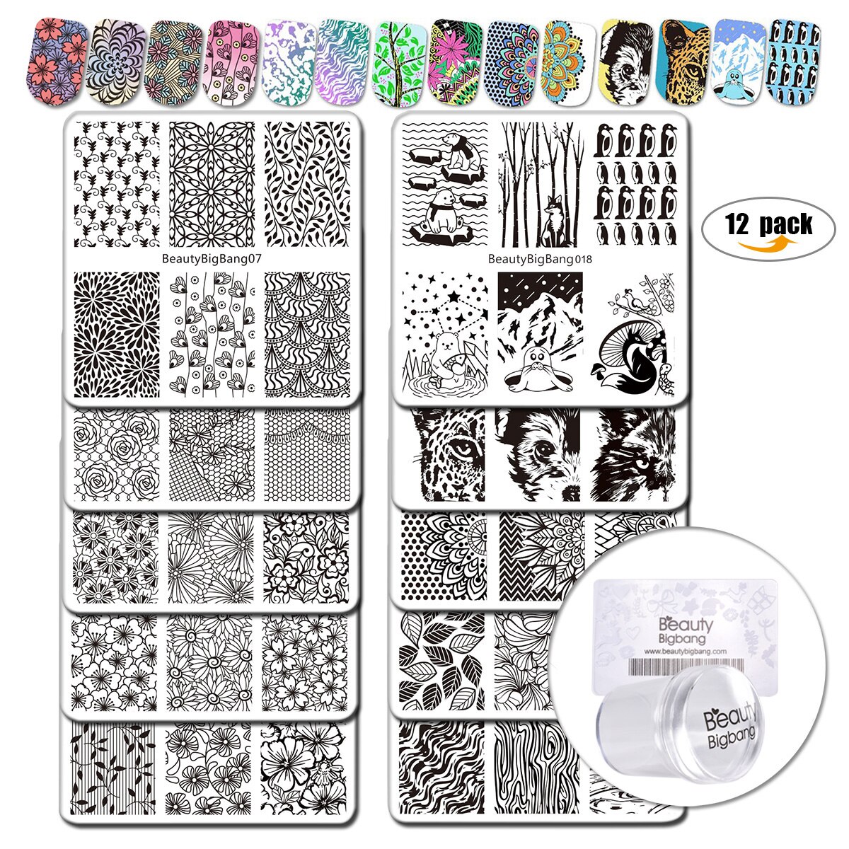 Beautybigbang 12 stk/sæt negle stempling plader 10 stilarter mønster negle stempel plade med klar gelé stamper stempling til negle: Default Title