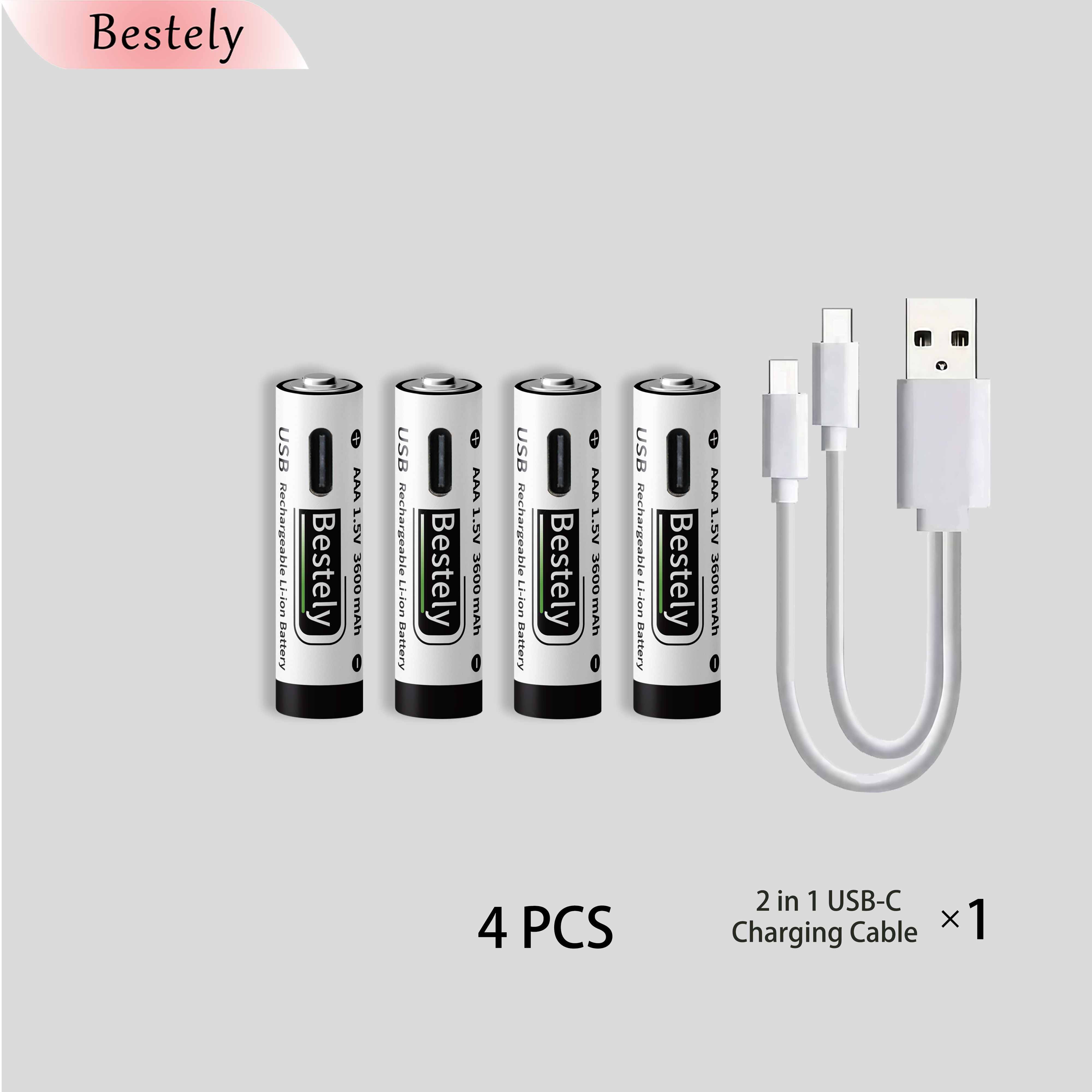 USB-C 1.5v AAA 3600mAh Rechargeable Lithium ion Battery,Rechargeable AAA Li-ion Type-C Battery,2000 times cycle with Cable: GRAY