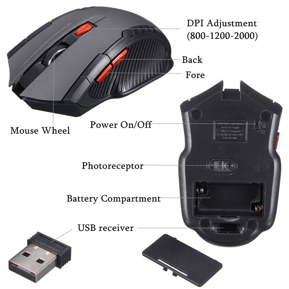 2.4 ghz draadloze muis met 6 toetsen en usb-ontvanger, instelbare dpi gamingmuis, muizen voor pc, laptop, gamingmuis, draadloze muis voor thuis