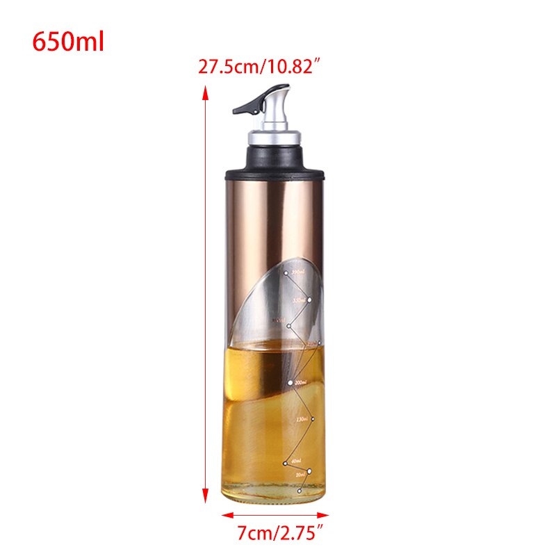 380/650ml Glass Oil Bottle Cooking Seasoning Sauce Storage Bottle Olive Oil Vinegar Dispenser Pouring Spouts Kitchen Accessories: 650ml-Gold