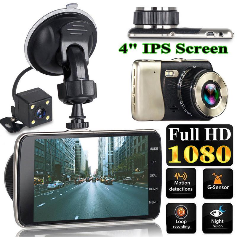 4 tommer dobbelt linsekamera  hd 1080p bil dvr køretøj video dash cam optager g-sensor videooptager hd kamera dobbelt linse