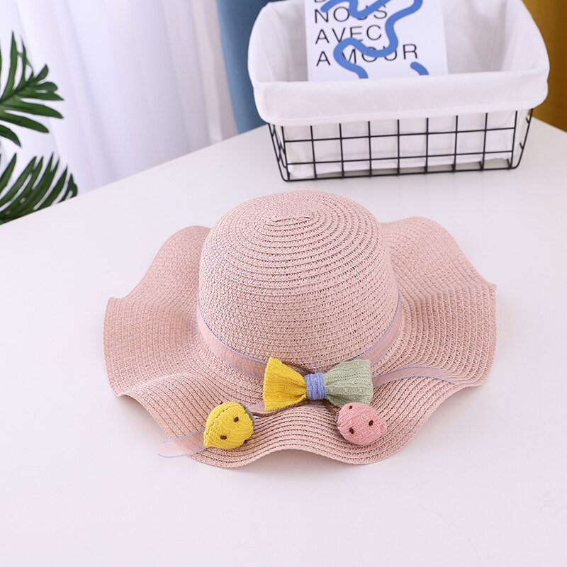 Gorro para el sol niña transpirable de verano sombreros de paja lindo flores dulce princesa sombrero niño protección UV para playa sombrero niños sombreros de 2-6 años: PInk