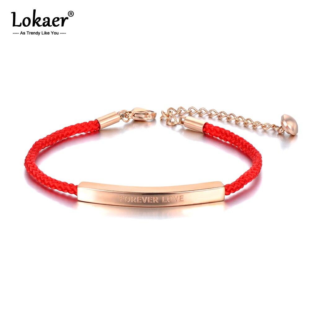 Lokaer Trendy Titanium Stainless Steel Forever Love Charm Bracelets Bangle For Women Red Rope Strand Bracelet Jewelry B20015