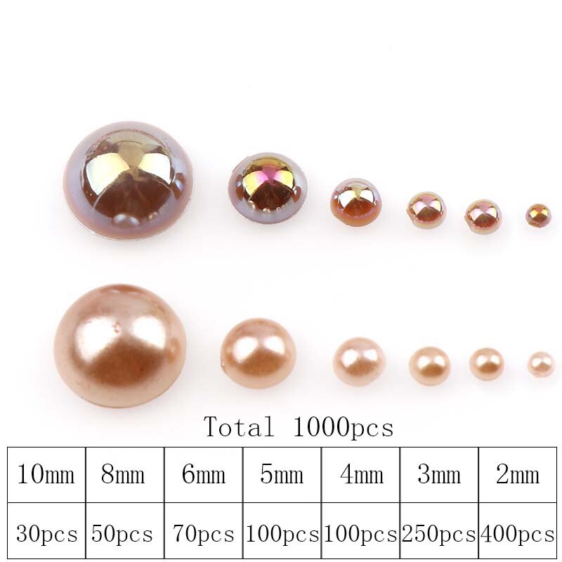 Ca. 1000 stk lt kaffeblanding 2mm-10mm halv runde efterligning perle håndværk abs plast flatback perler diy beklædningsgenstand dekoration