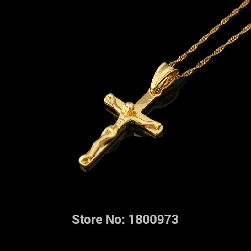 Jesus Cross Pendant Gold Color Pendant Necklace For Women Men INRI Crucifix Jewelry With 45cm 60cm chain