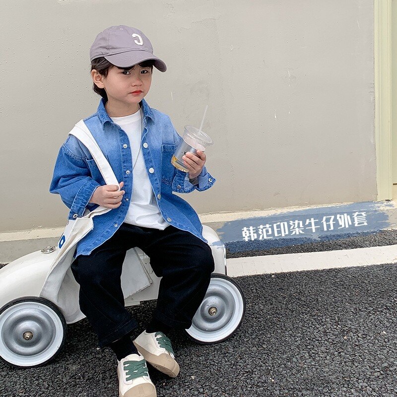 Spring boys casual denim jackets turn-down collar loose dipdye Unisex shirt 1-8Y