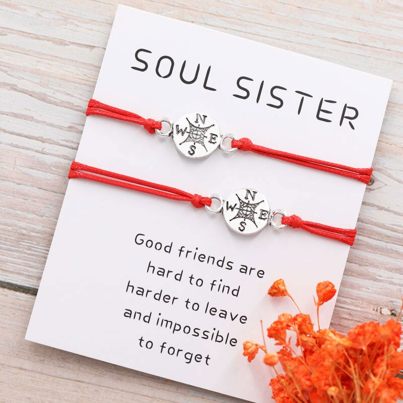 2Pcs/Set Soul Sister Compass Bracelet Friendship Long Distance Compass Charm Couple Bracelet Compass Jewelry Best Friend: Red