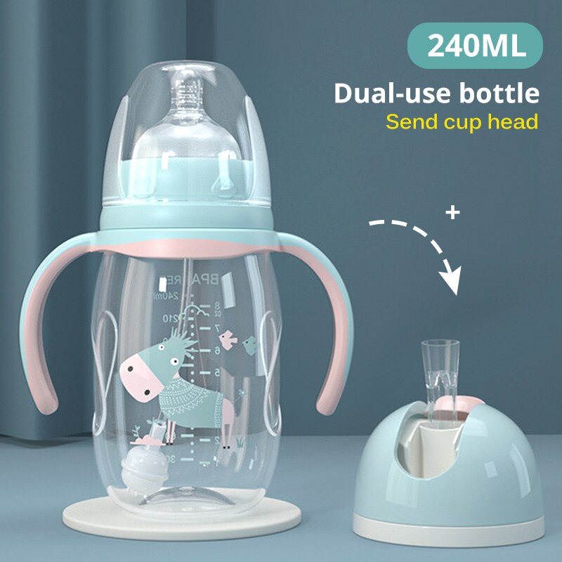 Babyvoeding Fles Kids Water Fles Dual-Gebruik Fles Breed Kaliber Eendenbek Cup Melk Hittebestendig Zuigeling Pp fles: Green 240ML SET