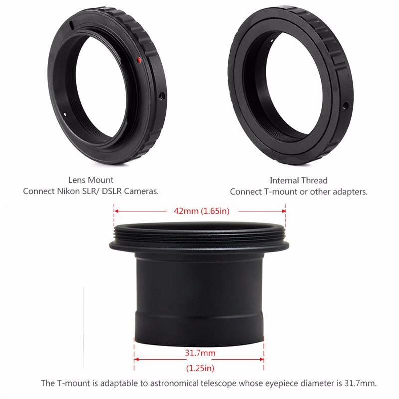 T Ring Adapter Alloy Material for Nikon SLR/DSLR Camera lens+1.25in 31.7mm Eyepiece Ports Telescopes Mount Tube