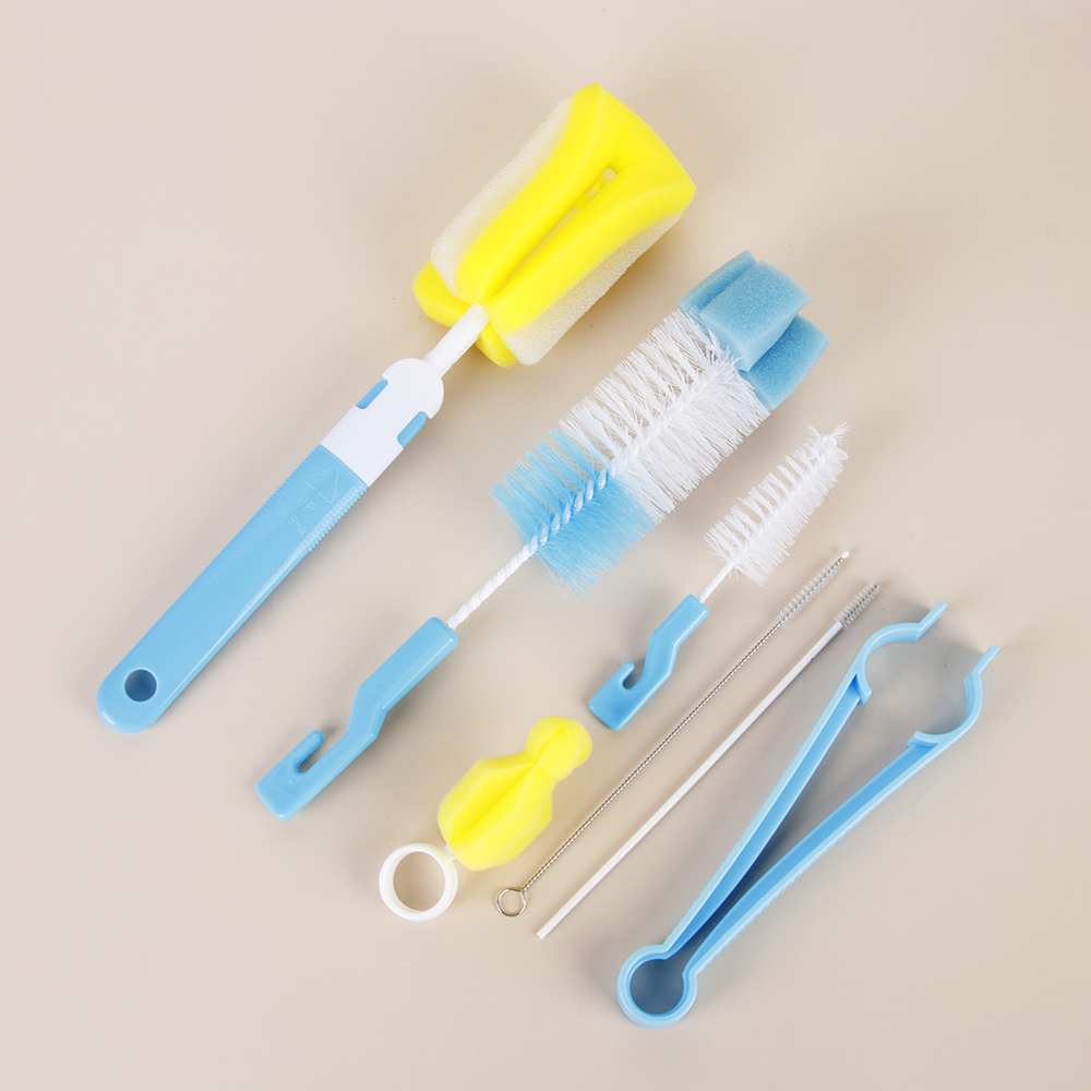 7Pcs Baby Bottle Brush Set Baby Nipple Milk Feeding Bottle Cup 360-degree Rotating Clean Sponge Spout Cup Brush Kit Cleaner Tool