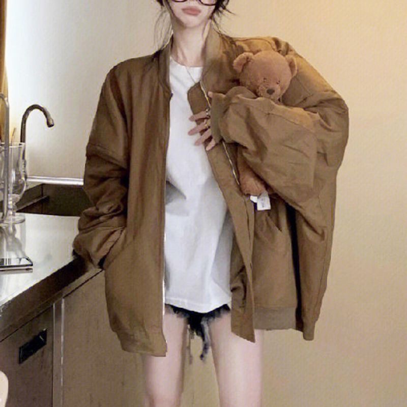 Oversize jakker kvinder bf stil chic bomberjakke frakker harajuku ensfarvet koreansk lynlås afslappet efterår overtøj vindjakke