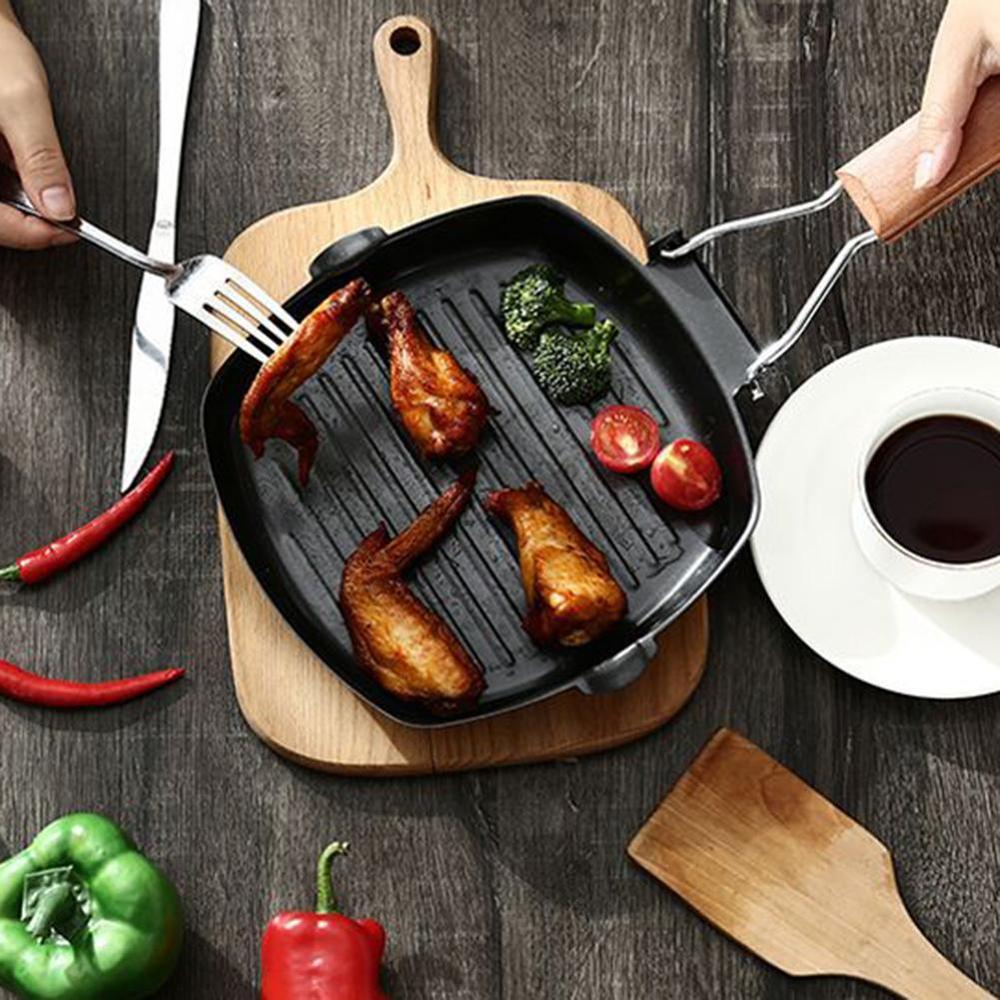 Tarttumaton paksunnettu pihvi paistinpannu taitettava raidallinen nelikulmainen uunipannu grillattu pekoni pihvi kotitalousastiat