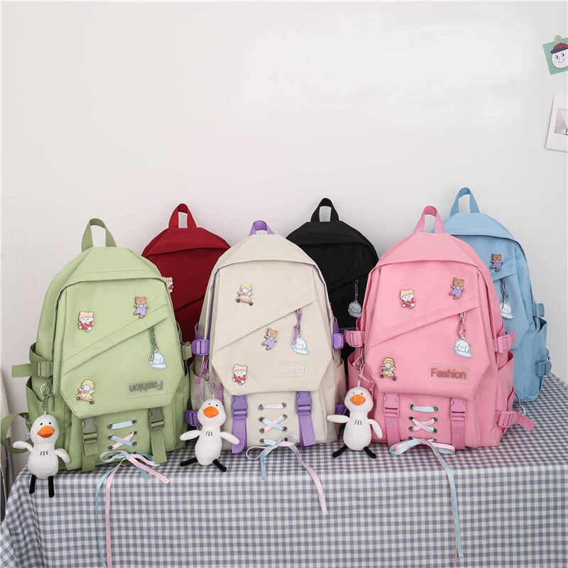 Girls School Bags for Teenage 4 Pcs Set Nylon Cute Ribbon Backpack Women Middle Student Schoolbag