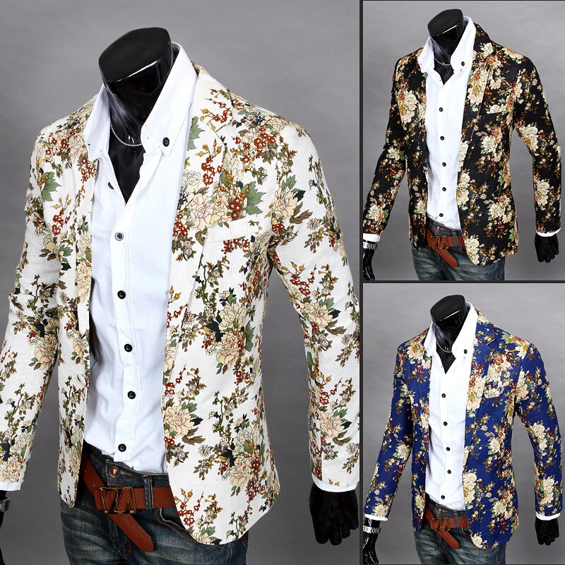 Male Retro Vintage Casual Blazer Beauty Print Mens Suit Jacket Singer Costume nightclub dance Coat: White / XXXL
