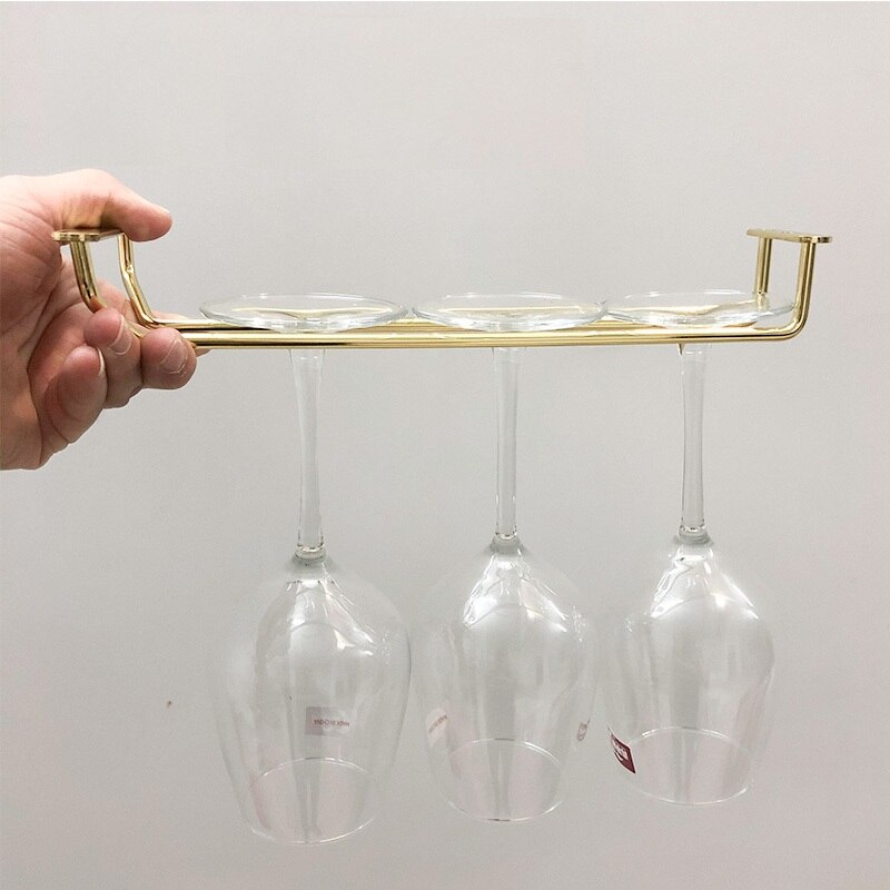 27CM Gold Wire Hanging Rack Under Cabinet Stainless Steel Stemware Hanging Cup Holder Single Row Bronze Kitchen Accessories