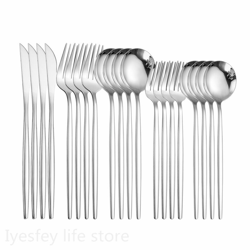 Argent coréen nourriture argenterie couverts 304 en acier inoxydable miroir polissage couteau cuillère fourchette dîner ensemble vaisselle vaisselle ensembles: silver 4sets