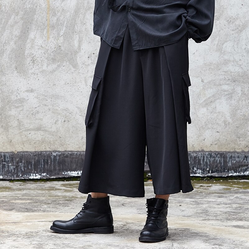 Men's nine minute trousers spring/summer Yamamoto style Dark Black Japanese culottes low crotch wide leg trousers for men