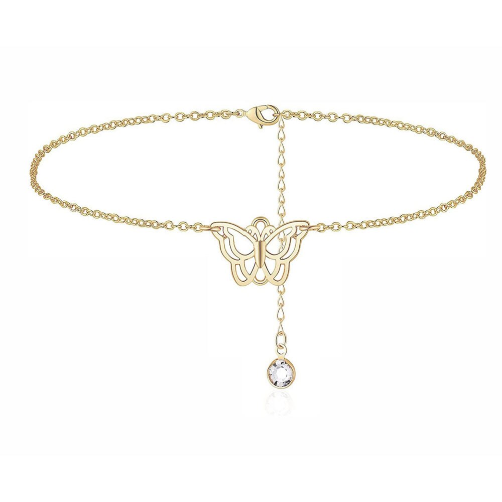 COOLSTEELANDBEYOND Staal Goudkleurige Enkelband met Hangende Bedels Van Libellen, Zirconia en Jingle Bell