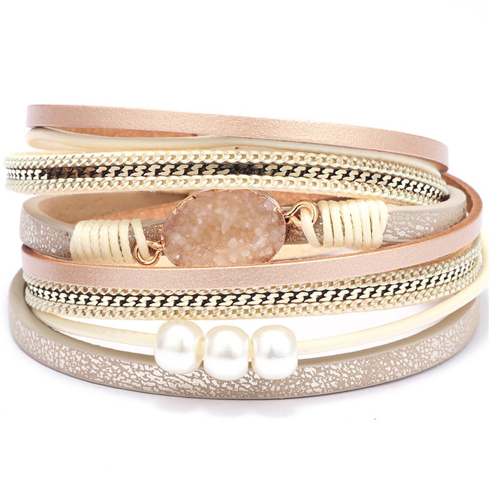 Pink Girl Multilayer Resin Beads Chain Link Brown Cuff Bangle Pearl Natural stone Leather Bracelets Women Female Jewelry