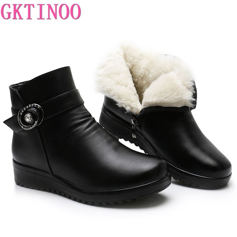 GKTINOO Leather Middle-aged Mother Warm Shoes Woman Ankle Boots Snow Boots Flat Non-slip Soft Bottom Comfortable Women Boots