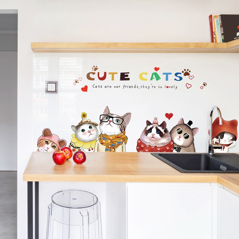 135*58Cm Leuke Cartoon Katten Muurstickers Voor Kinderkamer Art Dieren Keuken Decoratie Grappige Kat Muurtattoo pvc Vinyl Behang