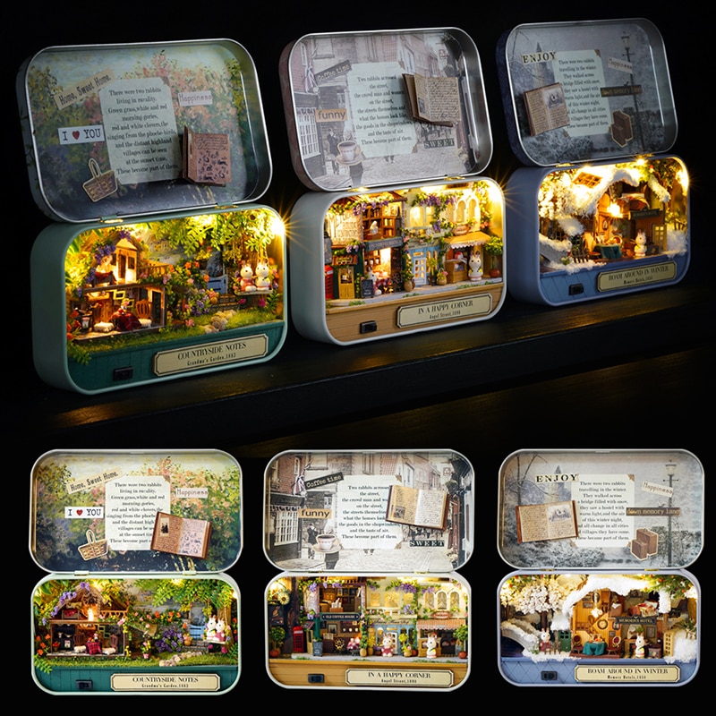 Box teater dukkehus miniature legetøj med møbler kanin diy miniature dukkehus førte lys legetøj til børn fødselsdag  q10