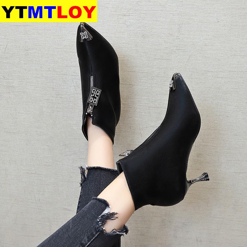 Enkellaarsjes Vrouwelijke Herfst Laarzen Stiletto Hakken Metalen Iron Laarzen Vrouwelijke Winter Plus Fluwelen Size 34-39