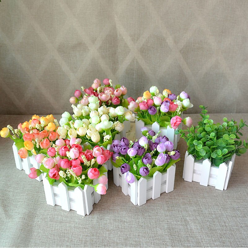 1 sett tregjerdevase + blomsterrose og tusenfryd silke kunstige blomster hjemmedekorasjon hageinnredning bursdag