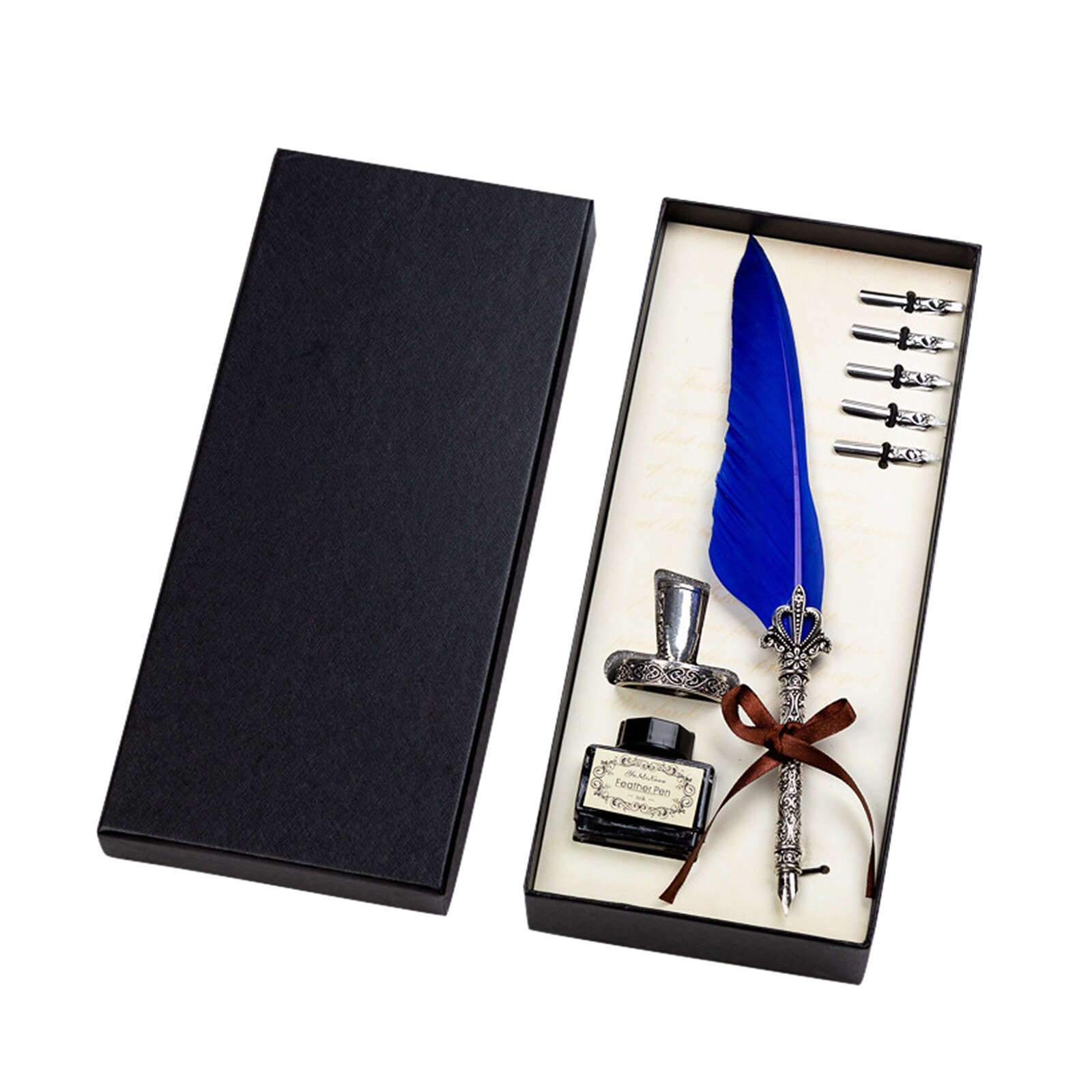 Retro Vintage Calligraphy Feather Dip Pen Writing Ink Set Stationery Quill Fountain Pens Vintage Pen #N4: Blue 