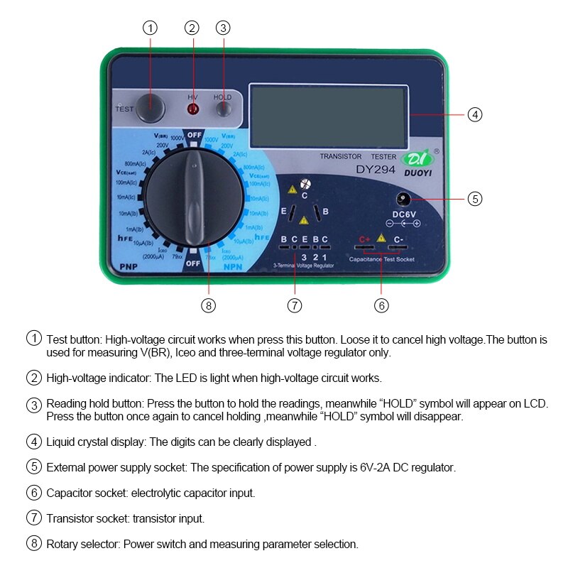 Duoyi  dy294 multifunktions digital transistor analysator testare halvledardiod triode omvänd ac likspänning kapacitans fet