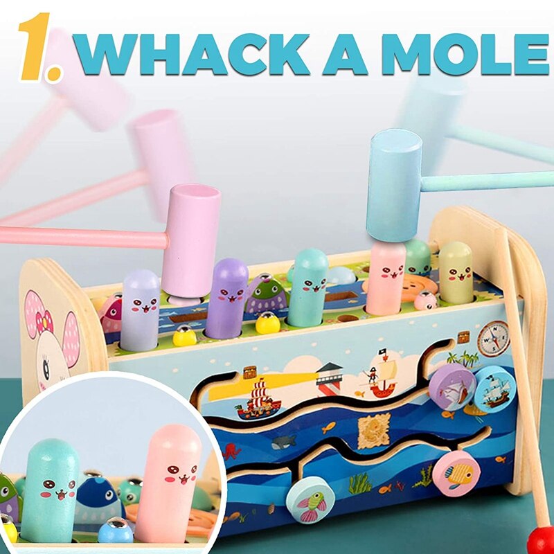 Giocattolo educativo martellante di legno martellante con il gioco di pesca xilofono ingranaggi mobili orologio giocattoli di abilità motoristiche