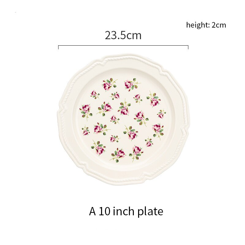 Ceramic Plate Set Dish Plate Bowl Set Dining Table Tableware Plate European Retro Rose Print Steak Dessert Fruit Dinnerware Set: A 10inch plate