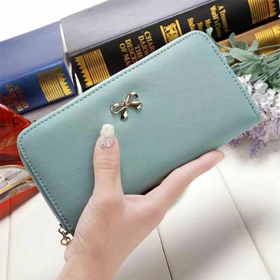 Cuero billeteras de PU de lujo para mujer, Cremallera larga, monedero, monedero, tarjetero, funda para teléfono: green