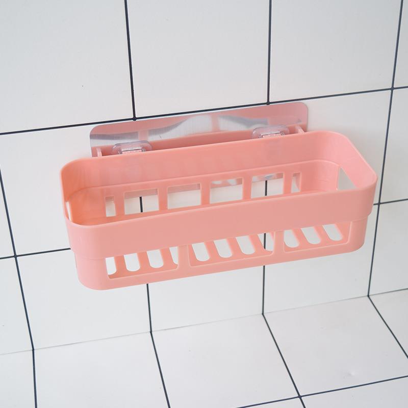 Bathroom Shower Shelf Rectangular Basket Plastic Suction Cup Storage Rack Shampoo Holder Household Kitchen Organizer Punch Free: Pink