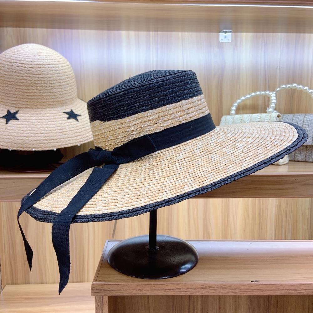 Sombrero de Sol de ala grande para dama, sombrero de paja de trigo de ala ancha, con lazo de cinta trenzada fina, color negro y beige, para playa, UPF50 +