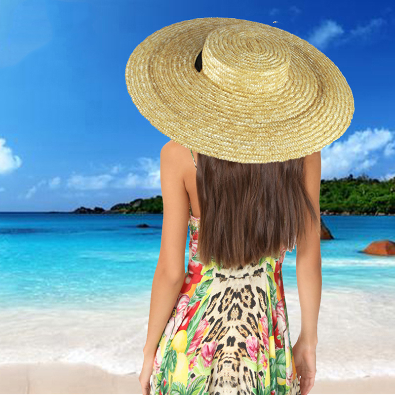 Chapeau de canotier à large bord pour femme, chapeau de paille à bord plat pour femme, chapeau de soleil d'été avec ruban blanc et noir, casquette de plage, 12cm, 15cm, 18cm: green