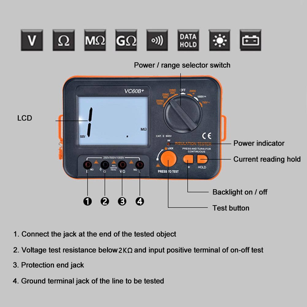 Digital Display Insulation Resistance Tester Megohmmeter Easy Read High Accuracy Plastic Portable Battery Powered With Test Lead