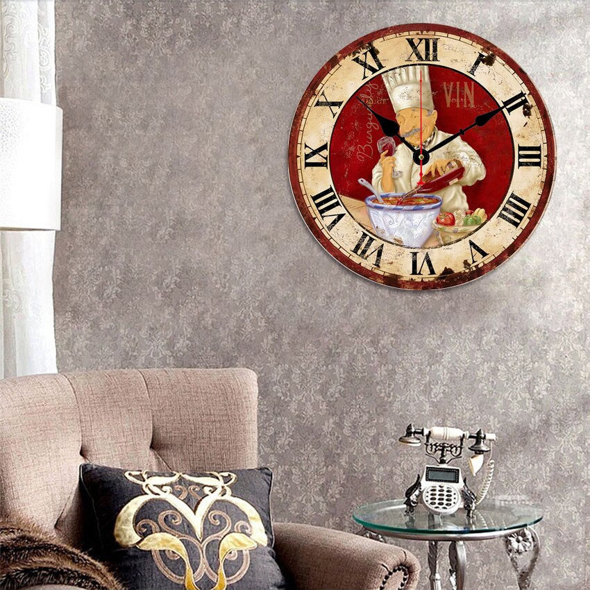 Vintage Wall Clock Italian Cooking Chef Clock Non-Ticking Clock Kitchen Wood Wall Clock