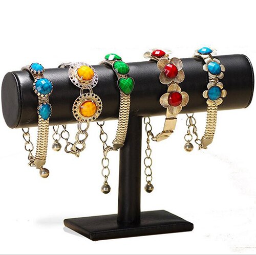 Portable Velvet Bracelet Bangle Necklace Jewelry Display Stand Holder Watch Jewelry Organizer T-Bar Rack: One balck leather