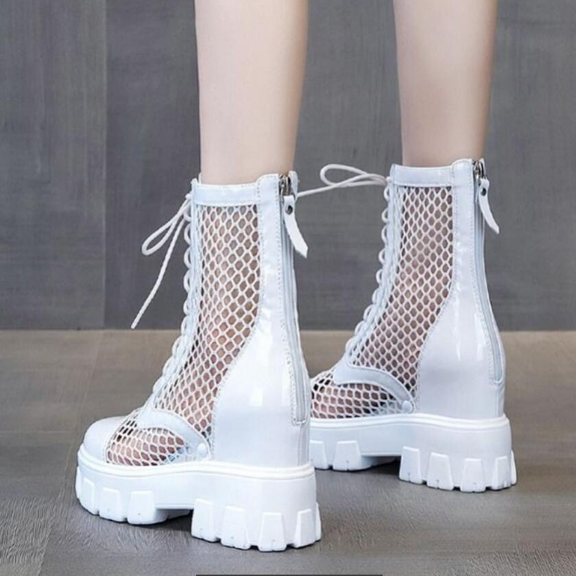 Mid kalv plattform sandaler stövlar kvinna sommar martin boots ihåliga mesh kilar kvinnors vårskor ökad klack svart vit