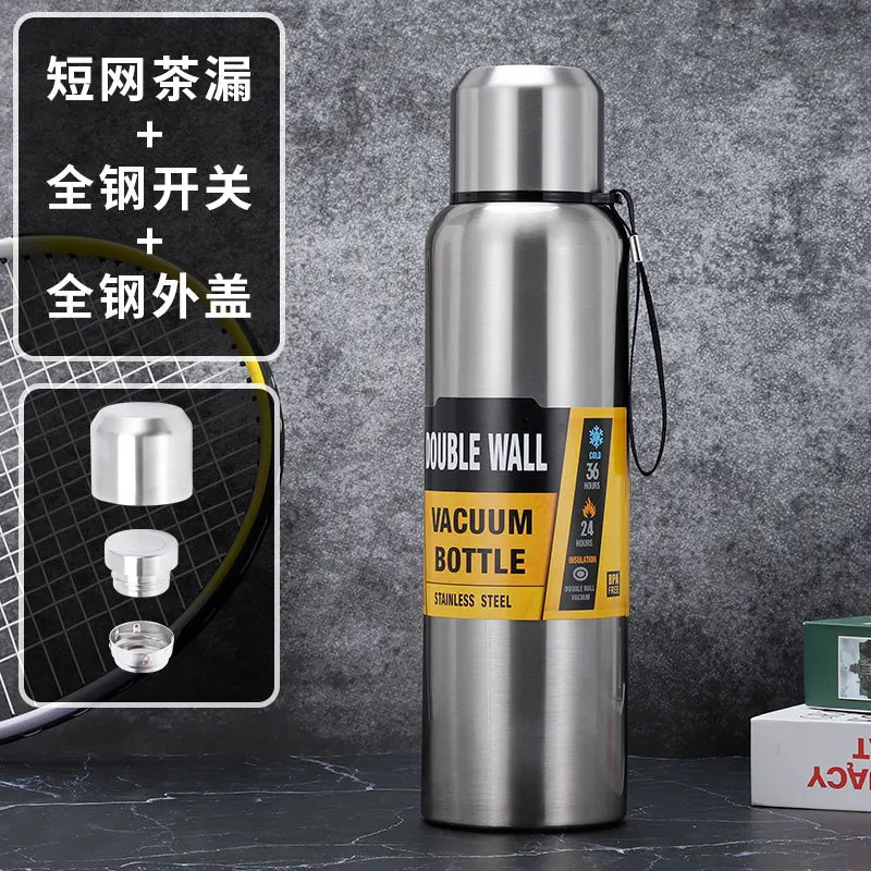 500/1000/1500ml kubek termiczny ze stali nierdzewnej o dużej pojemności sportowa butelka na wodę termos przenośnych kubek z izolacją z liną: Srebrny / 101-200ml