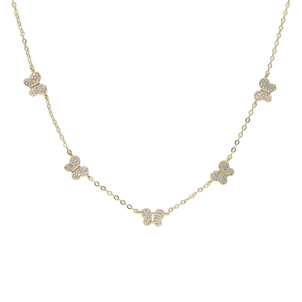 cz butterfly charm necklace for women cute beautiful animal minimal delicate white cz 35+10cm choker necklaces: Gold-color