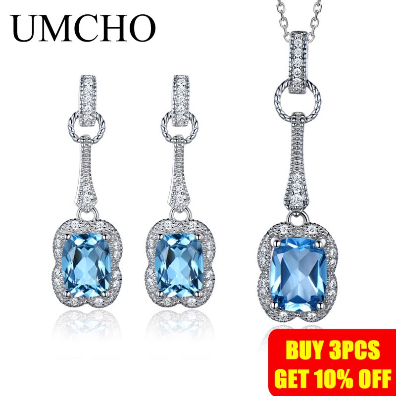 UMCHO Echt 925 Sterling Zilveren Sieraden Set 5.6 ct Natuurlijke Blue Topaz Oorbellen Hanger Voor Vrouwen Sieraden Ketting Met keten