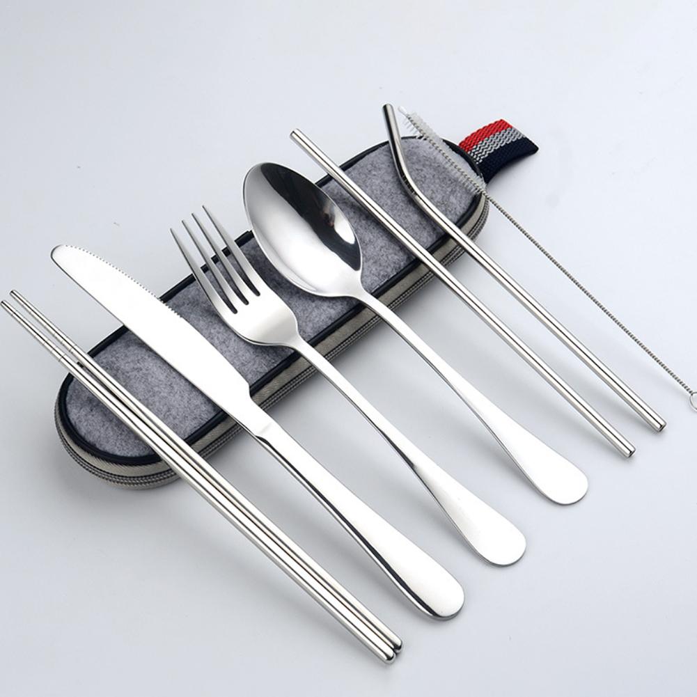 8 st/set rostfritt stål bestick sked ätpinnar rengöringsborste set bärbara silverbestick reseredskap set med fodral halm