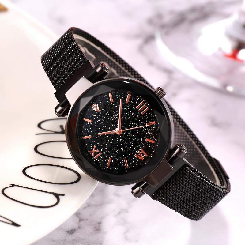 Luxe Vrouwen Armband Horloges Magnetische Gesp Mesh Band Romeinse Display Star Sky Dames Student Jurk Quartz Horloge: Black