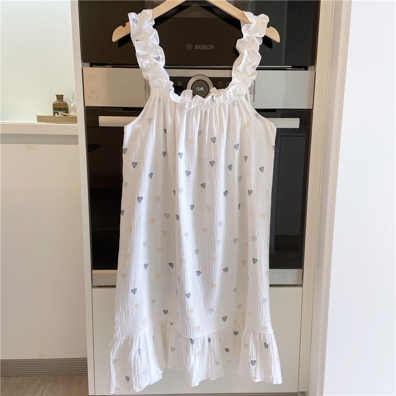 Qweek Katoen Nachtkleding Jurken Voor Vrouwen Kawaii Night Jurk Hart Print Nachtjapon Leuke Nachtkleding Prinses Casual Kleding: White