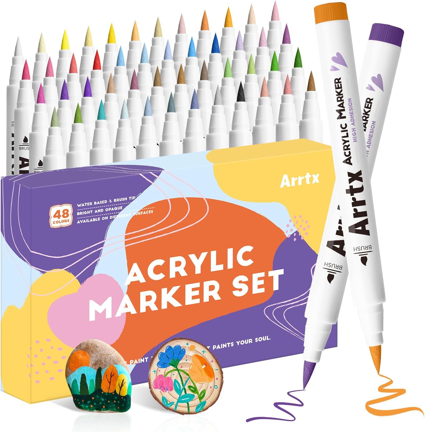 Arrtx 12/36/48/60/90 kleuren acryl marker voor rotsschilderen, borstel tip verf markers kunstbenodigdheden, stof verf markers: YELLOW